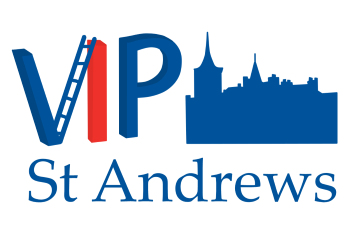A blue and red logo for the Vertically Integrated Projects programme. The initials 'VIP' are accompanied by a silhouette of the St Andrews skyline and the text 'St Andrews' underneath